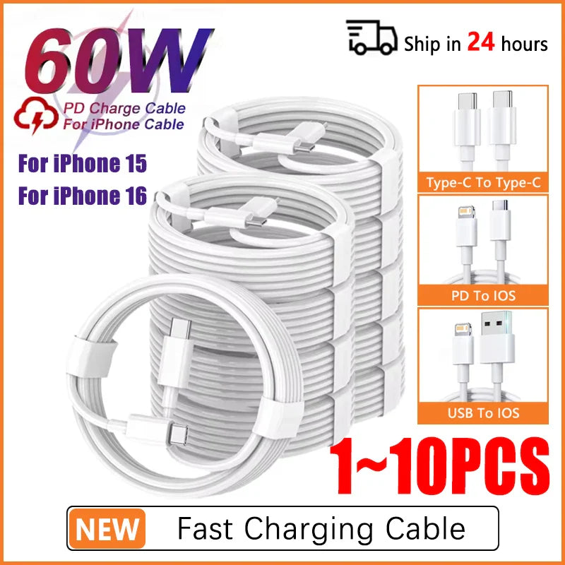 PD 60W USB-C to USB-C Fast Charging Cable – 2M Power Delivery Cord for iPhone 6-16 Series, iPad & USB-A Devices