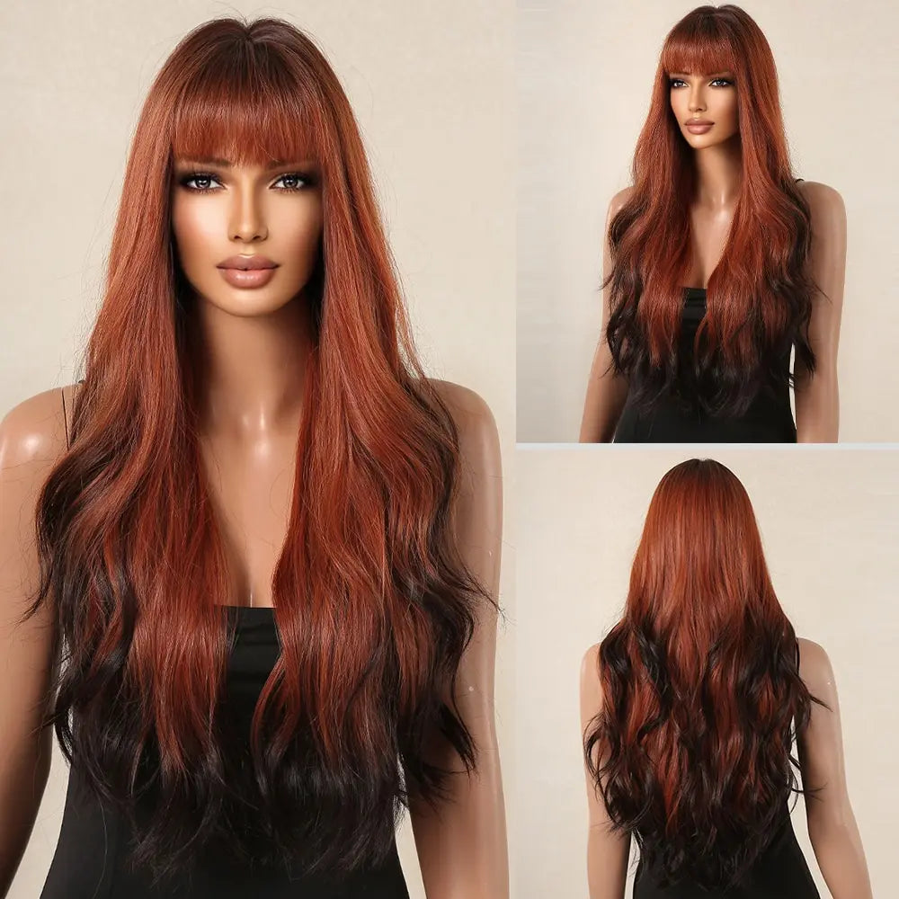 Brown Long Wavy Wig for Women with Bangs — Natural-Look Synthetic Hair, Heat-Resistant for Daily & Cosplay