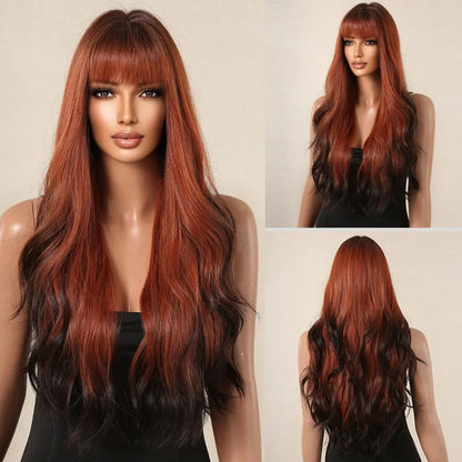 Brown Long Wavy Wig for Women with Bangs — Natural-Look Synthetic Hair, Heat-Resistant for Daily & Cosplay