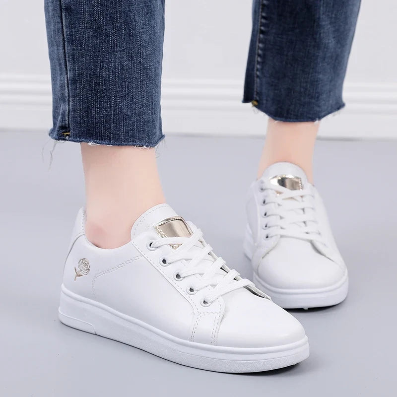 Women’s White Embroidered Sneakers - Breathable PU Leather Casual Lace-Up Shoes