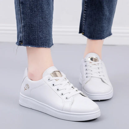 Women’s White Embroidered Sneakers - Breathable PU Leather Casual Lace-Up Shoes