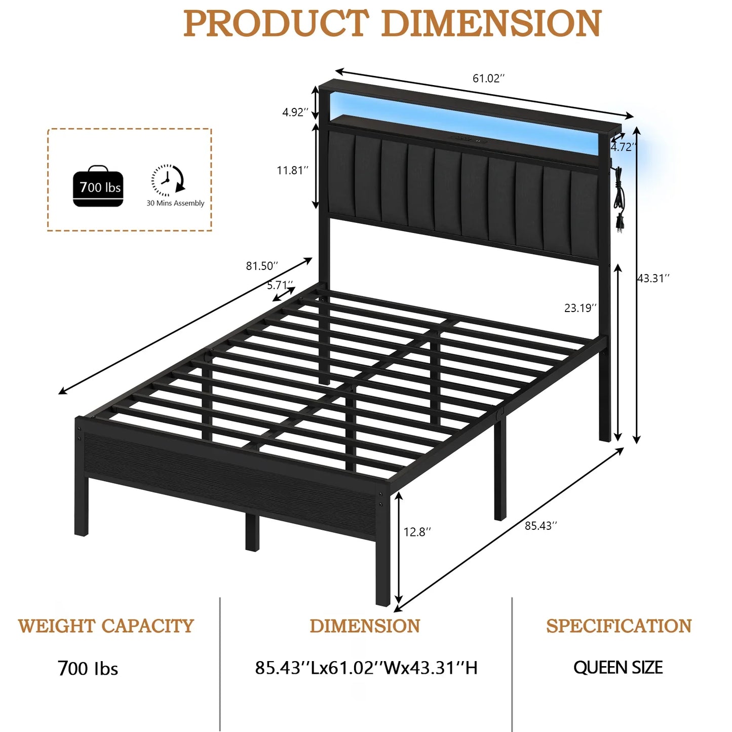 Full/Queen LED Bed Frame – Platform Bed with Soft Cushioned Headboard and Built-In Charging Station