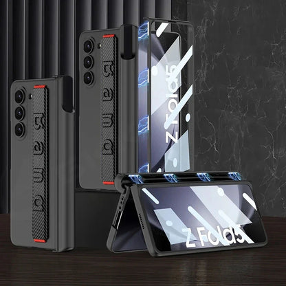 Magnetic Hinge Wrist Strap Case with Pen Slot & Screen Glass for Samsung Galaxy Z Fold 6/5/4/3 – Hard Protective Cover