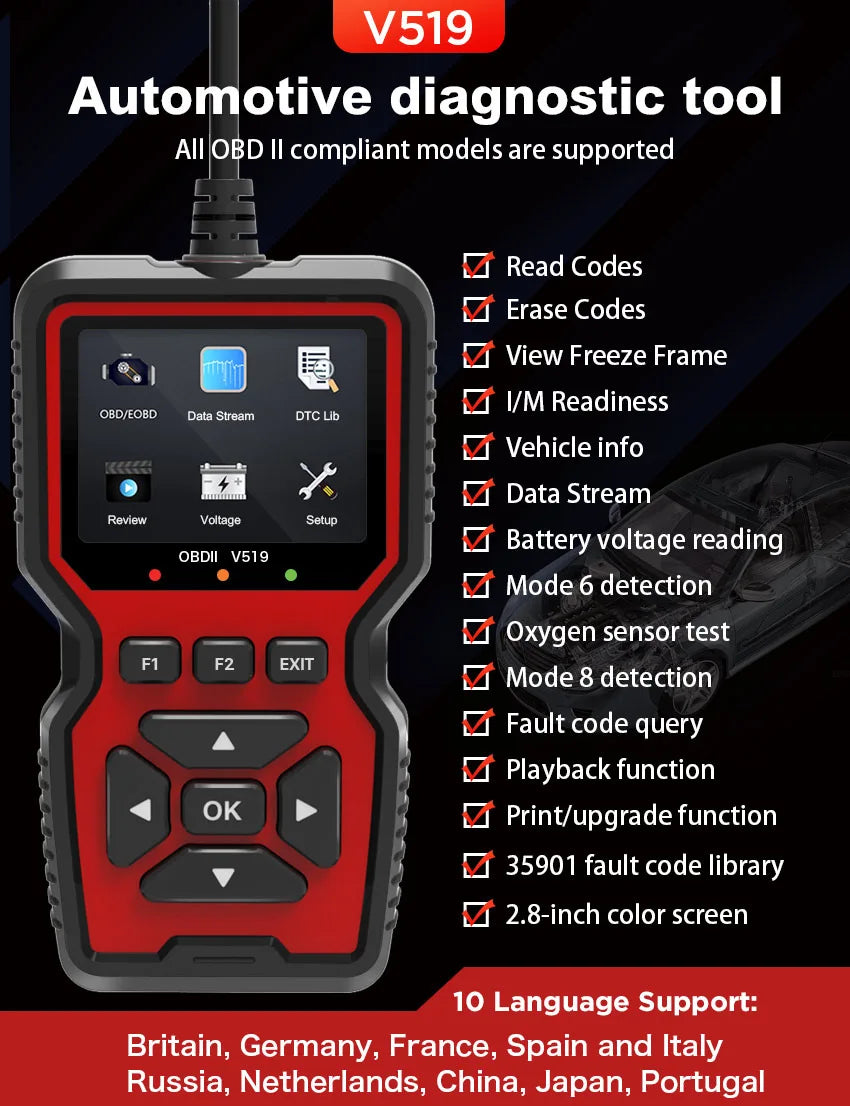 OBD2 Auto Engine Fault Diagnostic Tool V519 – Multi-Language Detector & Reading Card