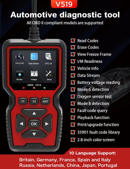 OBD2 Auto Engine Fault Diagnostic Tool V519 – Multi-Language Detector & Reading Card