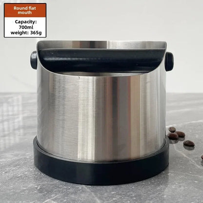 Stainless Steel Coffee Knock Box – Non-Slip Espresso Ground Bin with Rubber Ring and Beveled Design