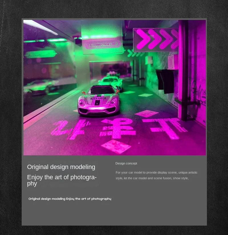 1:64 Scale Car Garage Diorama Model – LED Light Parking Lot DIY Set for Display & Gifts