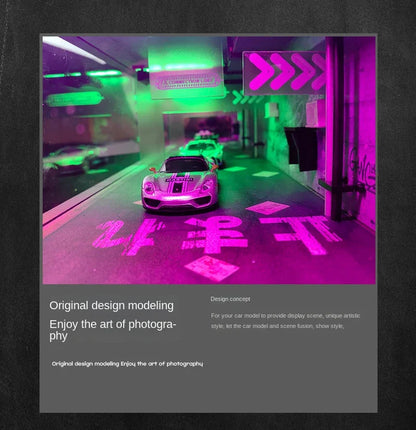1:64 Scale Car Garage Diorama Model – LED Light Parking Lot DIY Set for Display & Gifts