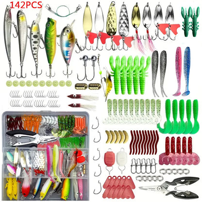 Fishing Lure Set 18–142pcs Mixed VIB Baits Kit – Soft Lures, Minnow, Popper & Hooks Fishing Accessories for Freshwater Fishing Tackle Kit