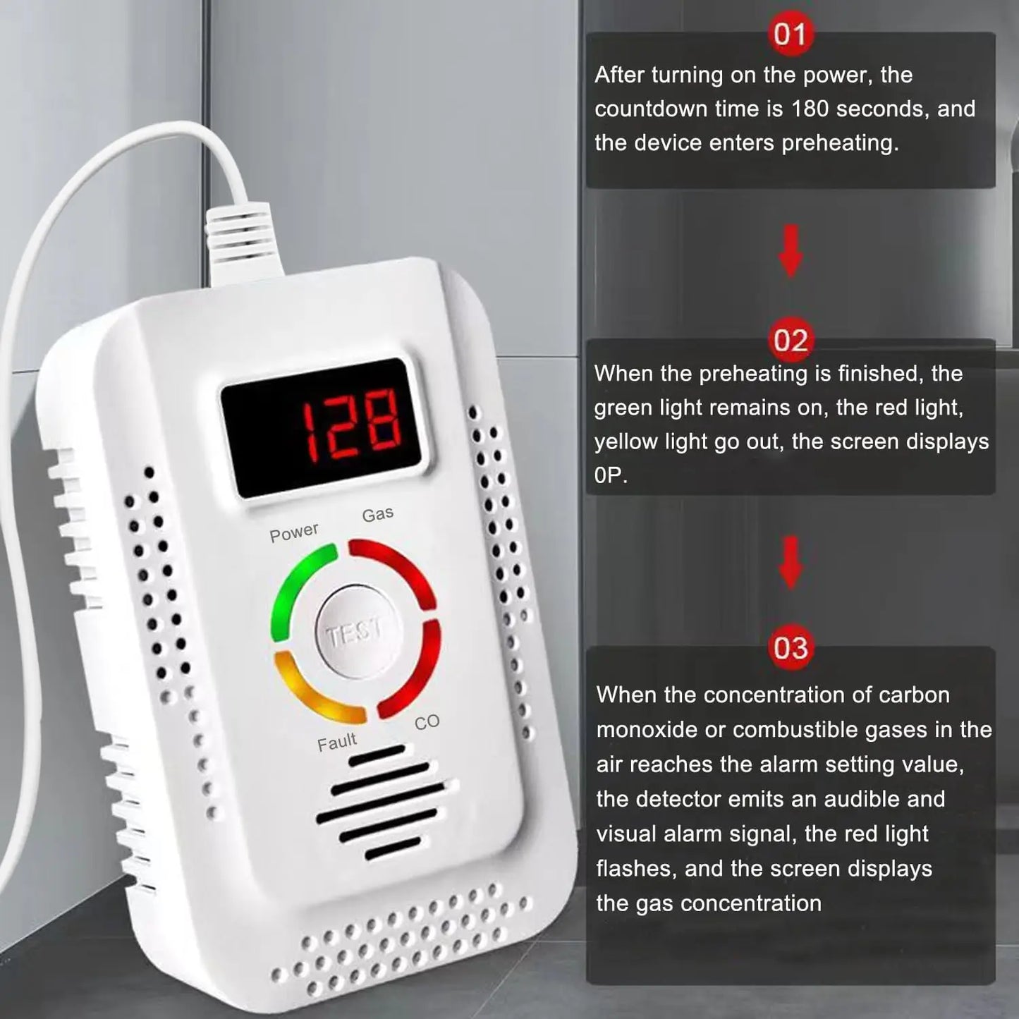 Natural Gas and Carbon Monoxide Detector - Combustible Gas Leak Monitor for CO, LPG, Methane, Kitchen Safety