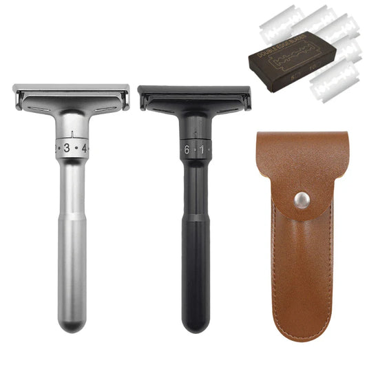 New Adjustable Safety Razor for Men – Folding Shaving Razor with Double Edge, 5 PCS Titanium Coated Blades & Shaver Holder