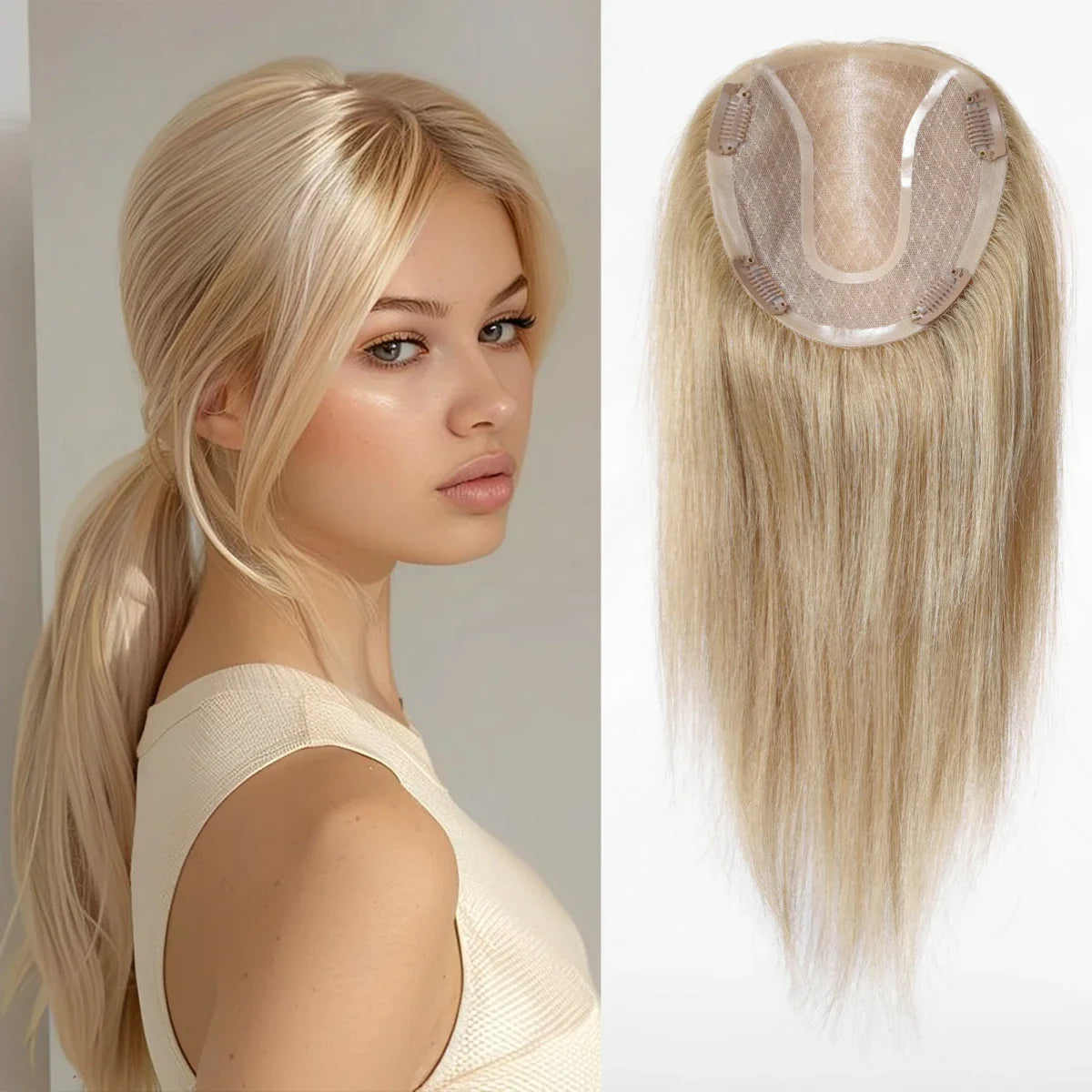 14" Gray Blonde Human Hair Topper – Mono Lace Base, 4 Clips, Natural Look for Thinning Hair