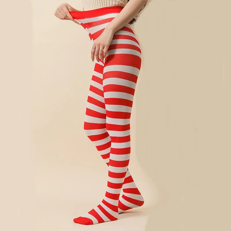Goth Punk Women’s Rainbow Striped Pantyhose – High Waist Slim Leggings for Halloween Christmas Cosplay