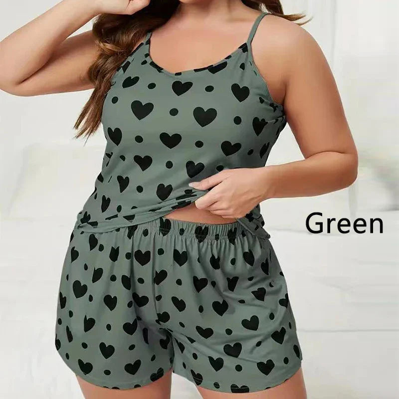 Plus Size Women's Pajama Set – Love Print Camisole & Shorts Sleepwear in Green (XL-3XL)