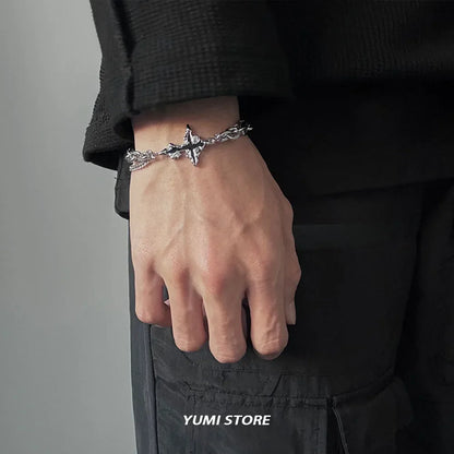 Retro Flame Cross Bracelet - Unisex Hip Hop Titanium Steel Splice Chain Charm, Kpop Luxury Jewelry for Men & Women