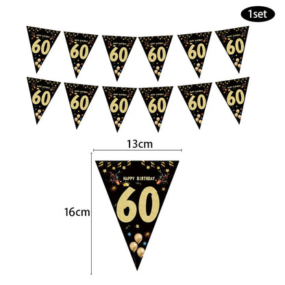30th, 40th, 50th, 60th Birthday Paper Banner - Happy Birthday Garland for Adult Party Decorations, Black Flags for Anniversaire