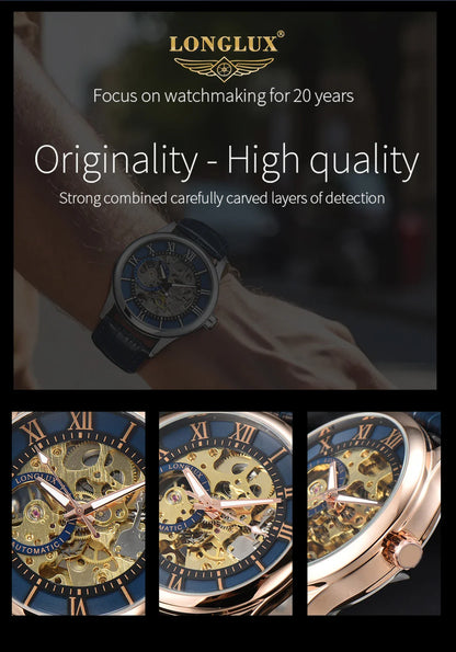 LONGLUX Rome Automatic Mechanical Waterproof Men’s Watch – Hollow Dial Leather Wristwatch Gift