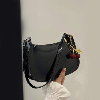 Women's PU Leather Shoulder Handbag – Solid Color Versatile Underarm Bag with Cherry Pendant Casual Commuting Purse