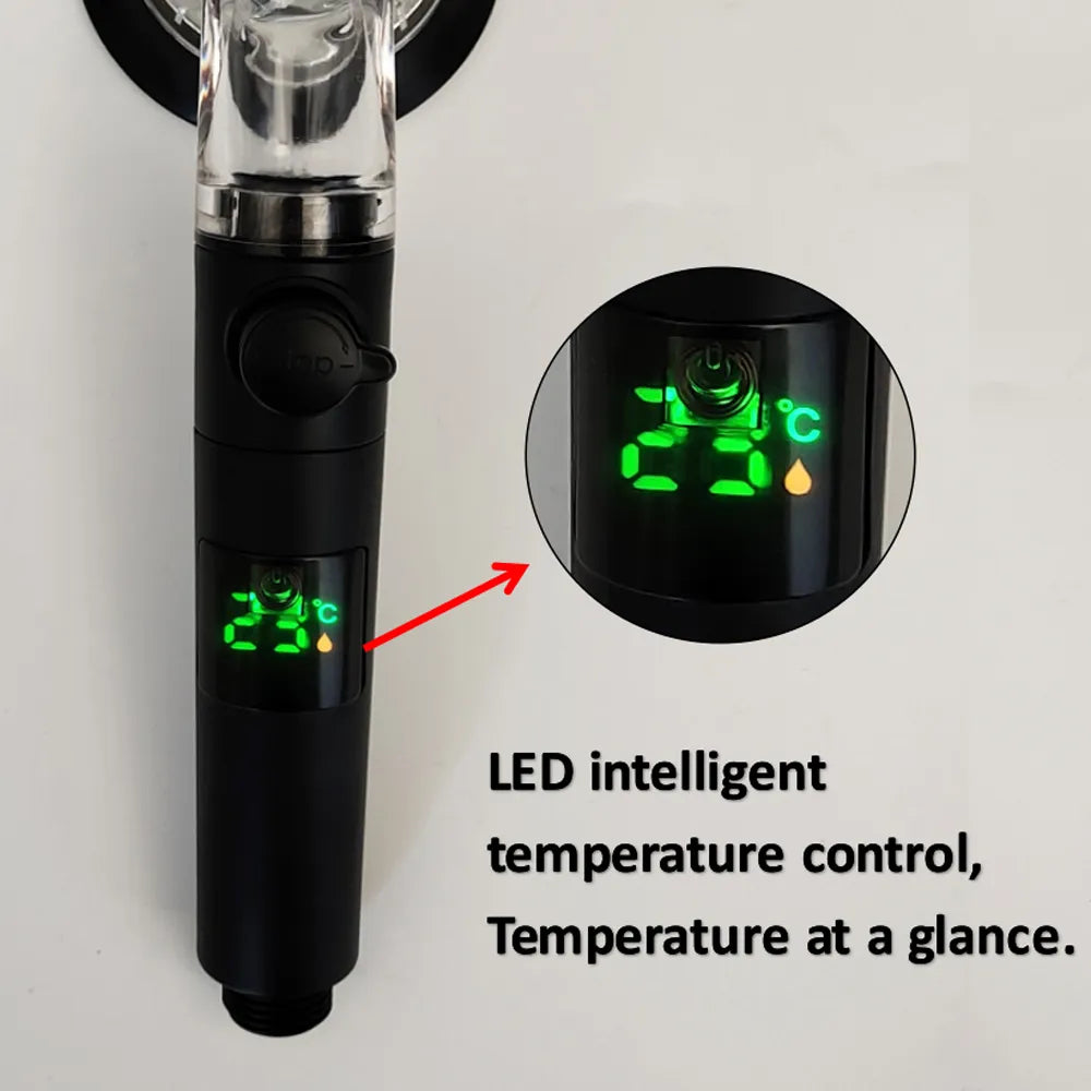 High-Pressure Turbo Propeller Shower Head with Temperature Display and Water-Saving Stop Button - Handheld Bathroom Shower Head