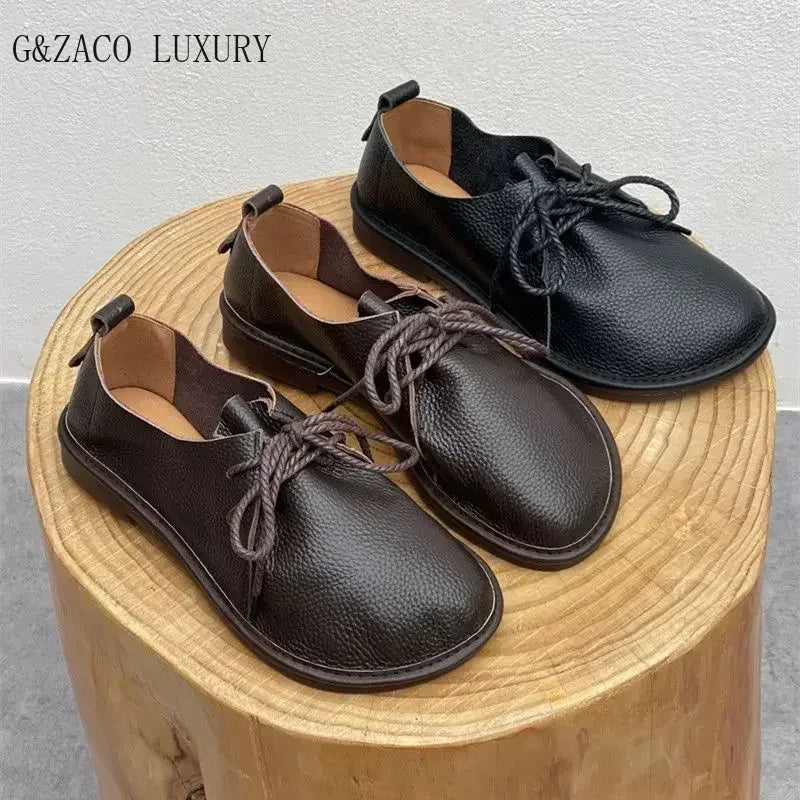 Barefoot Retro Handmade Genuine Leather Women’s Shoes – Soft Sole Wide Toe Flat Casual Lace-Up Footwear, Size 43