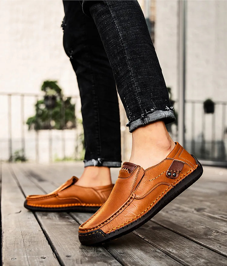 Handmade Leather Men’s Loafers – Casual Slip-On Flats, Comfortable Outdoor Walking Shoes