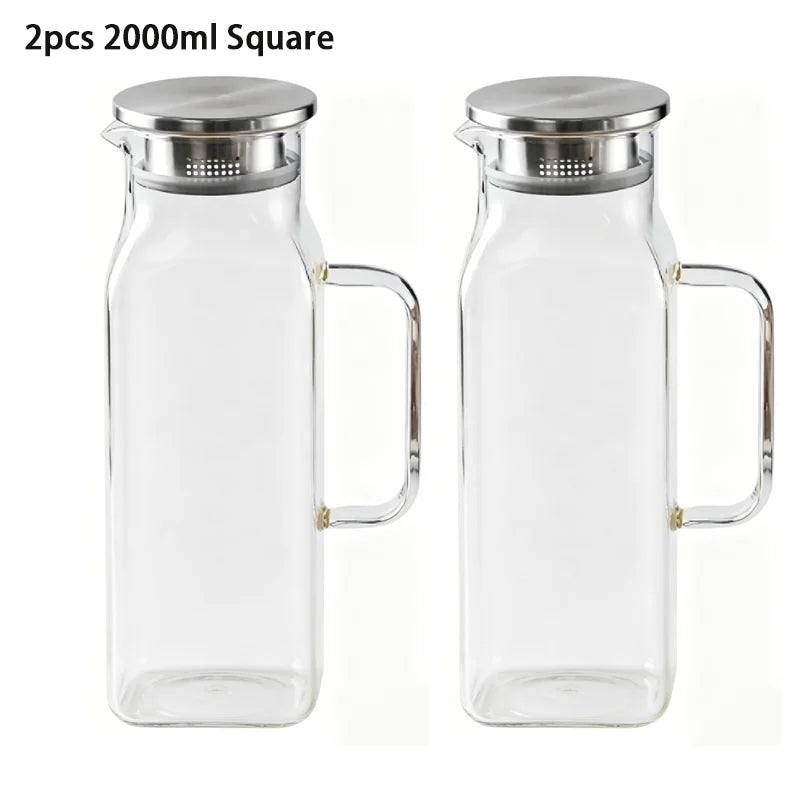 JUSTINLAU Borosilicate Glass Water Bottle - 1.2L/2L Large Capacity Juice & Drink Pitcher for Home & Restaurant