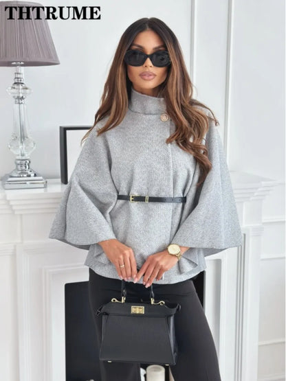 Elegant Autumn Solid Jacket for Women – Single-Breasted Batwing Sleeve, Loose Casual Coat for Office & Chic Look
