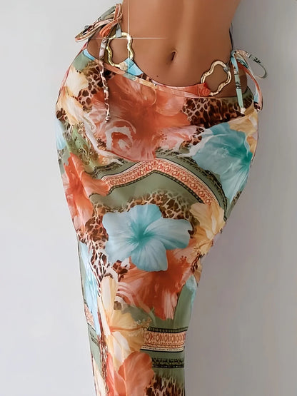 Vintage Pink Floral Bikini Set – Women’s 3-Piece Push-Up Swimsuit with Metal Ornament, Thong & Beach Skirt, 2025 Swimwear