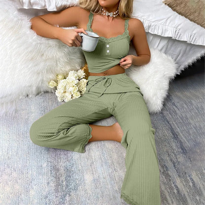 Women's Two-Piece Pajamas Set – Sexy Slim Fit Solid Color Lace-Trimmed Suspender Top and Soft Comfortable Pants