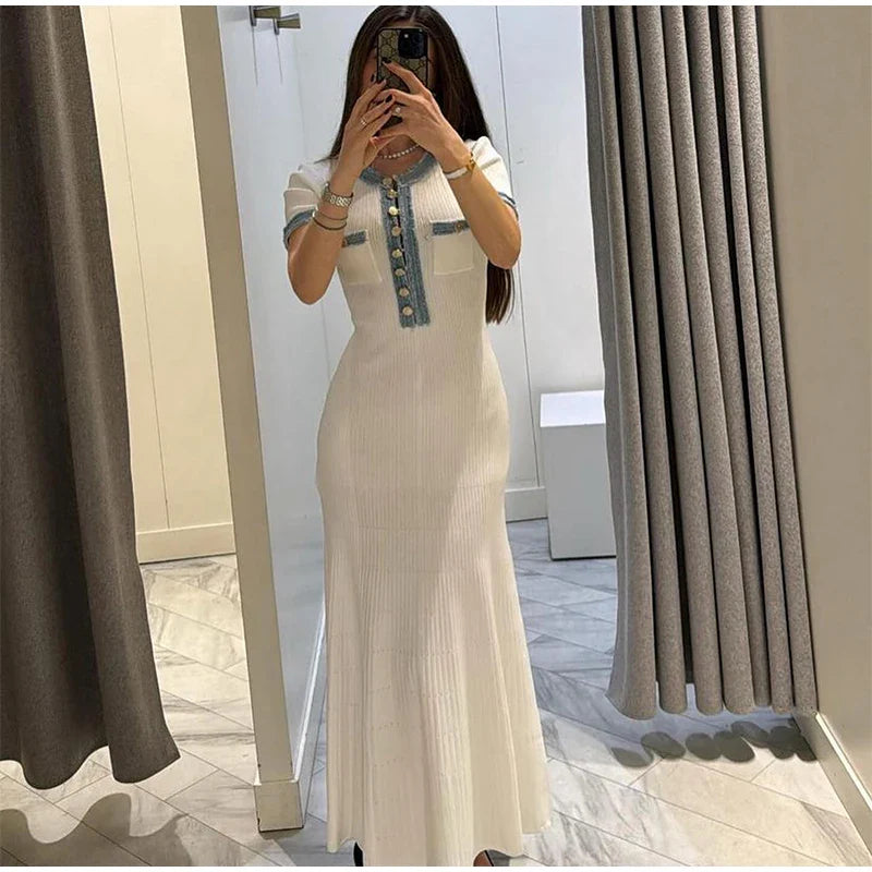 Elegant Denim Patchwork Knitted Long Dress – Women’s V-Neck Short Sleeve Bodycon with Buttons & Pockets