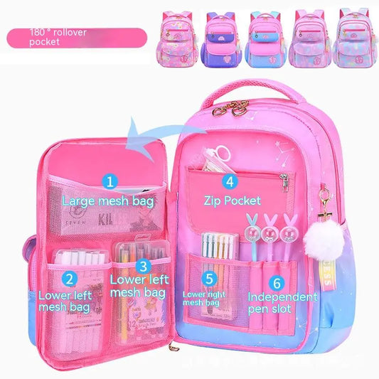 Orthopedic Primary School Bags for Girls - Gradient Color Backpack for Grades 1-3-6, Large Capacity Kids Rucksack Mochila