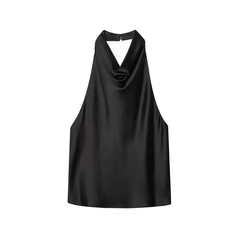 Women's Satin Halter Backless Camisole Top – Off Shoulder Summer Beach Tank Blouse