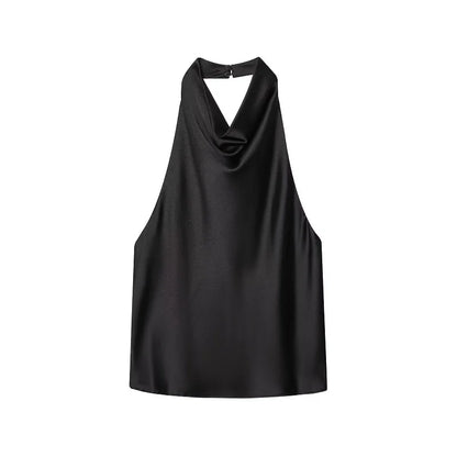 Women's Satin Halter Backless Camisole Top – Off Shoulder Summer Beach Tank Blouse
