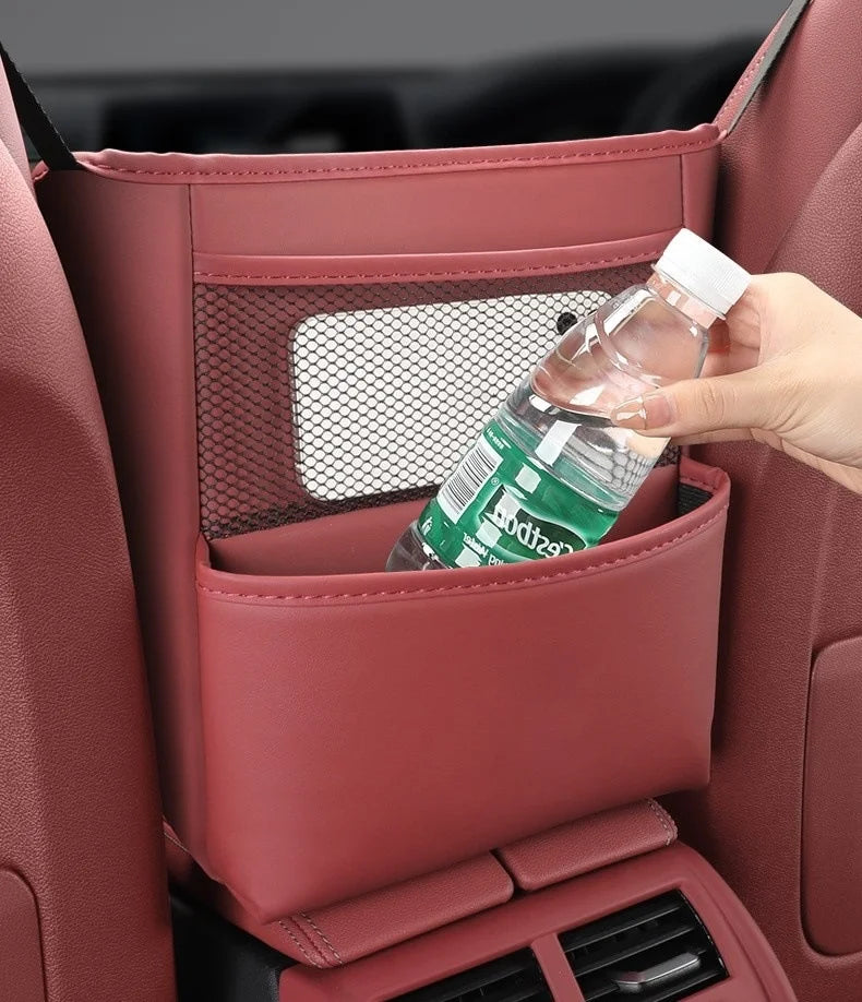 Car Handbag Holder Between Seats – Multi-Functional Leather Storage Bag with Tissue Box, Phone, Cup & Map Organizer