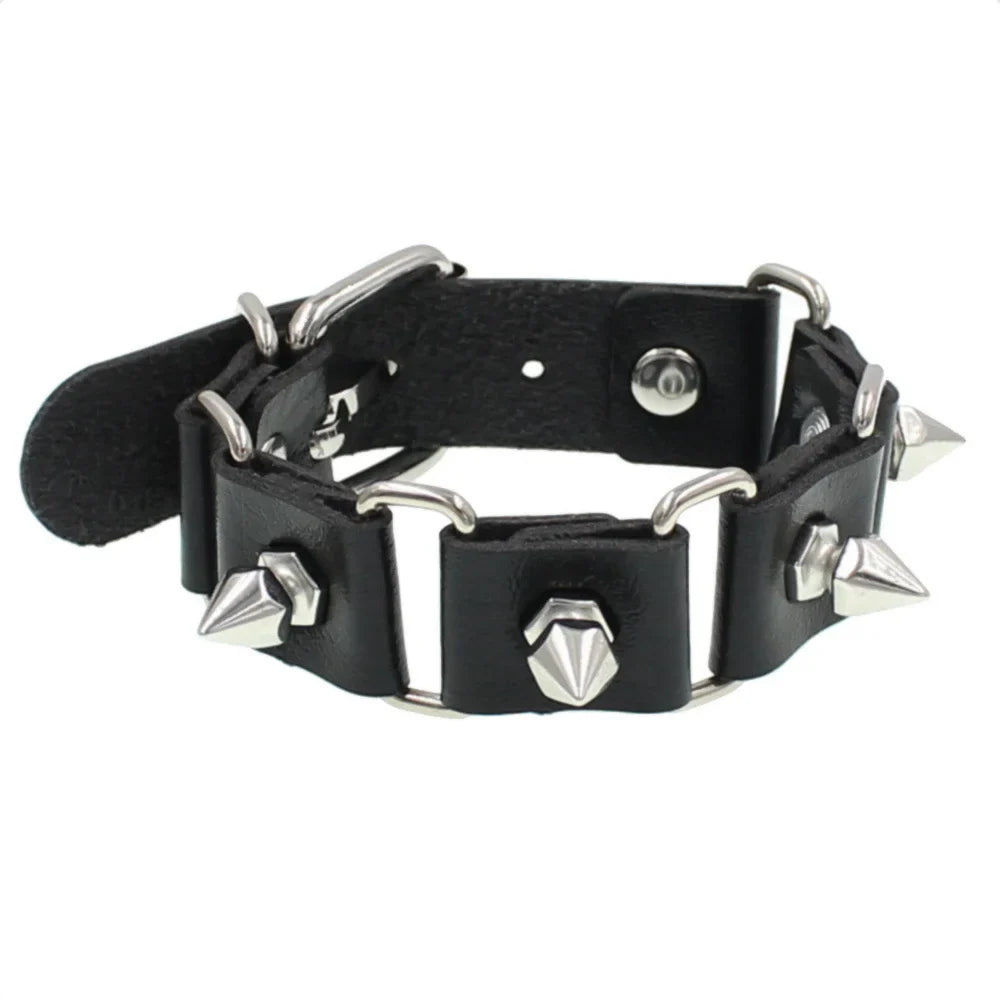 90s Punk Style Bracelet – PU Leather with 3 Rows of Spikes & Square Studs, Fashion Bangle for 2024