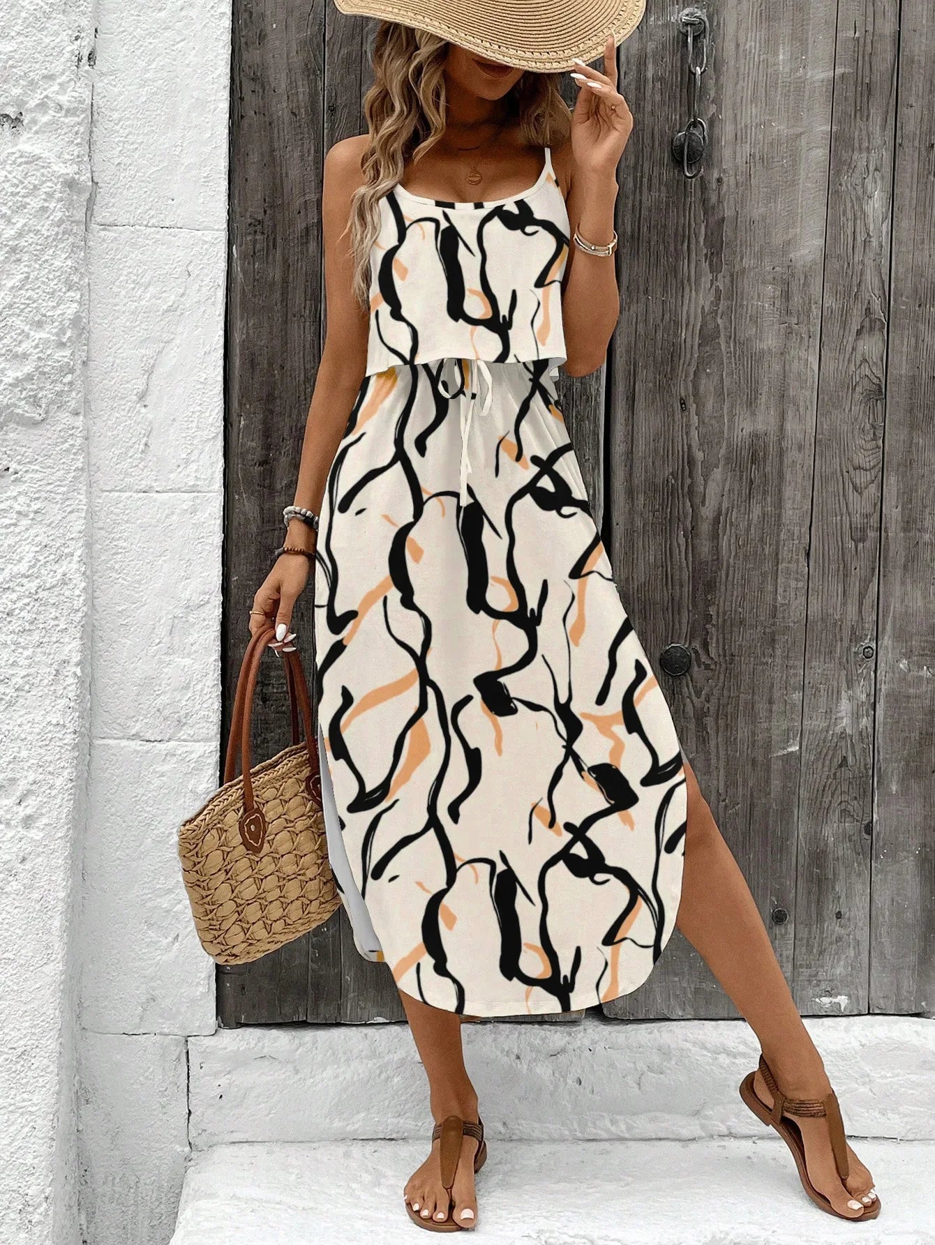Women’s Summer Spaghetti Strap Dress - Sleeveless Flowy Casual Maxi Dress with Belt & Side Slit