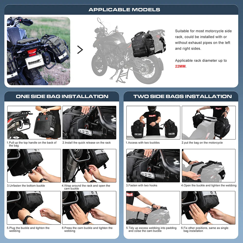 Rhinowalk Motorcycle Saddlebag 20L-30L – Universal Side Bag with Removable 100% Waterproof Inner Liner for Travel Motorbike Luggage