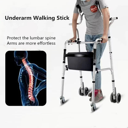 Elderly Rehabilitation Walker – Underarm Crutch Walking Stick Rollator with Aluminum Alloy Standing Frame for Disabled Mobility Support