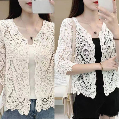 Women's Knit Lace Shrug – Hollow Crochet Floral 3/4 Sleeve Open Front Crop Cardigan F3MD