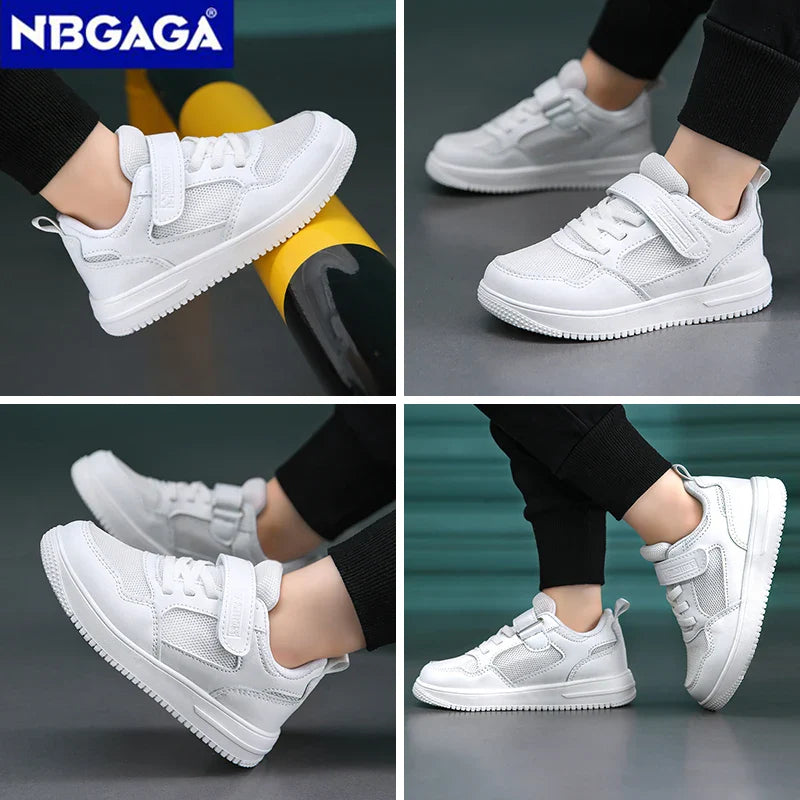 Children’s Black Leather Sneakers – Non-Slip Casual Flat Walking Shoes for Boys & Girls, Lightweight Student Sports Footwear