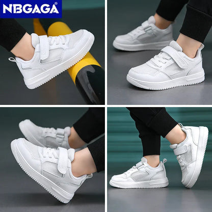 Kids' Black Leather Sneakers – Non-Slip Casual Walking & Tennis Shoes for Boys and Girls