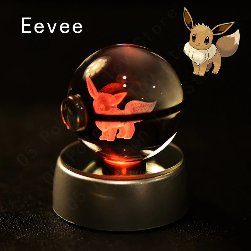 Pokemon 3D Crystal Ball Figurine — Pikachu, Gengar, Mew, Mewtwo Glass Statue with Lamp Base, Kids Birthday Gift
