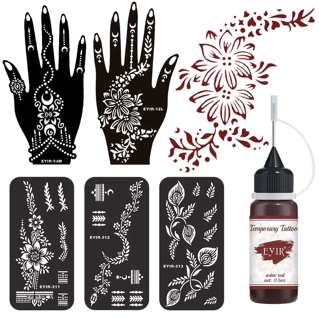 Henna Tattoo Kit - 5-Piece Mandala Stencil Set with Wine Red Temporary Tattoo Paste
