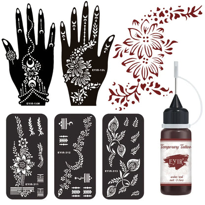 Henna Tattoo Kit - 5-Piece Mandala Stencil Set with Wine Red Temporary Tattoo Paste