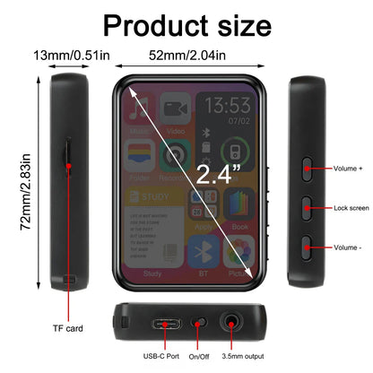 32GB MP3 Player with 2.4" Touch Screen & Bluetooth 5.4 – HiFi Music Player with Speaker, Recorder, Ebook & Photo Viewer