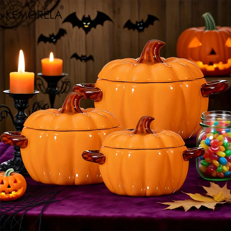 Halloween Pumpkin Ceramic Bowl – Oven-Safe Casserole with Lid & Handles for Thanksgiving