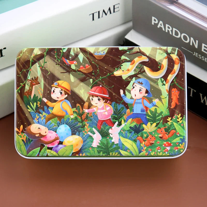 60PCS Cartoon Jigsaw Puzzle with Metal Box – Kids Educational Animal & Vehicle Puzzle Game