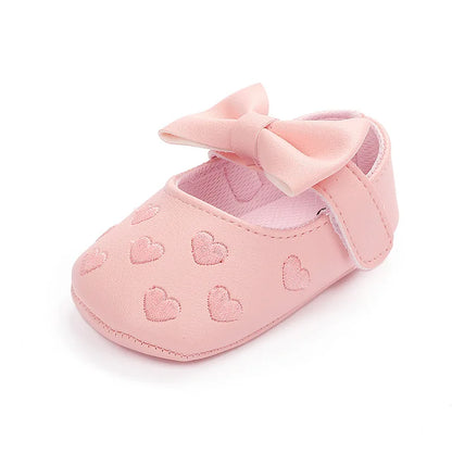 Baby Girls Shoes - Classic Dress Style with Cute Bow-Knot Heart, Anti-Slip Soft Sole First Walkers for Infants 0-18m