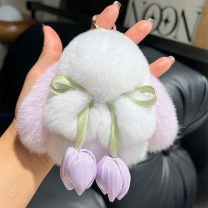 Cute Real Rex Rabbit Fur Keychain – Mini Bunny Pendant Bag Charm & Car Key Ring Plush Toy Gift for Women