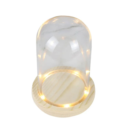 Glass Dome with Wooden Base & LED Light – Terrarium Vase, Flower Holder, Landscape Container for Bedroom Decor & Birthday Gifts